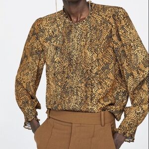 Zara Snake Print Blouse in Tan Brown and Black Size Small